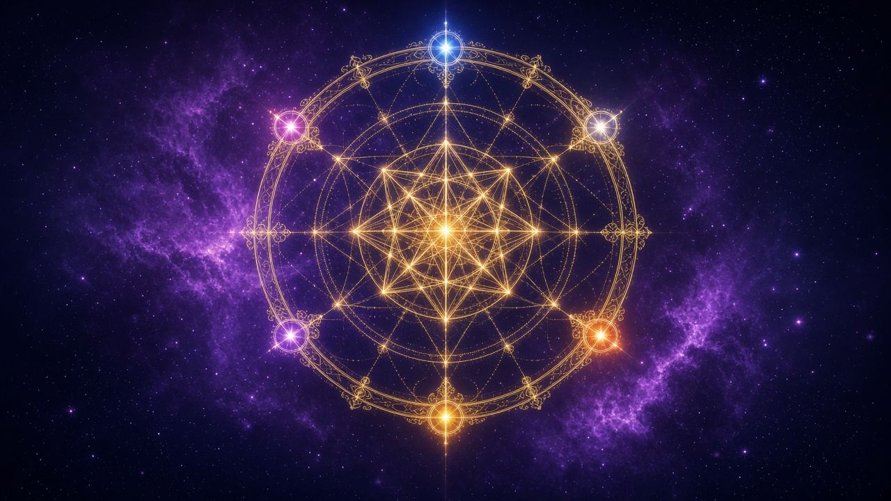 A glowing sacred-geometry compass in a violet nebula