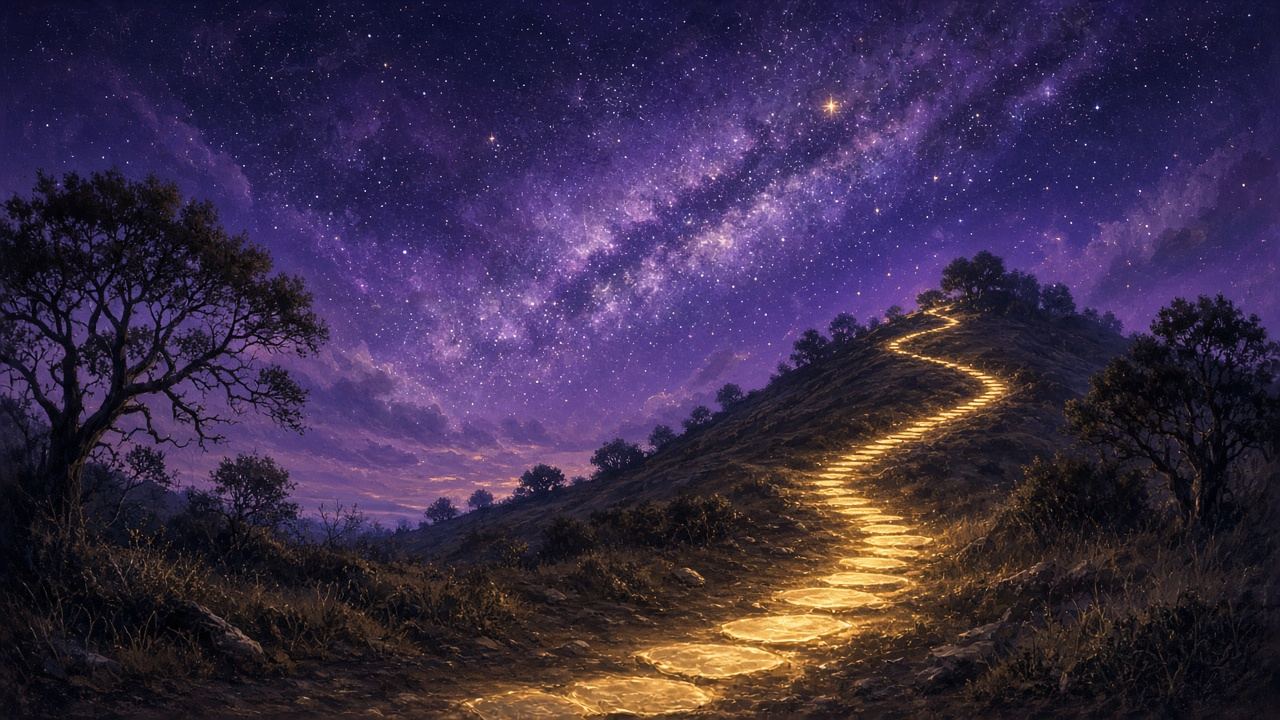 A golden path winding up a hill beneath a Milky Way sky